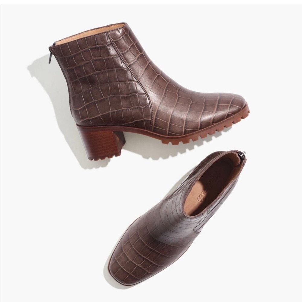 MADEWELL The Katie Lugsole Boot in Croc Embossed Brown Leather - Dark Coffee - 8